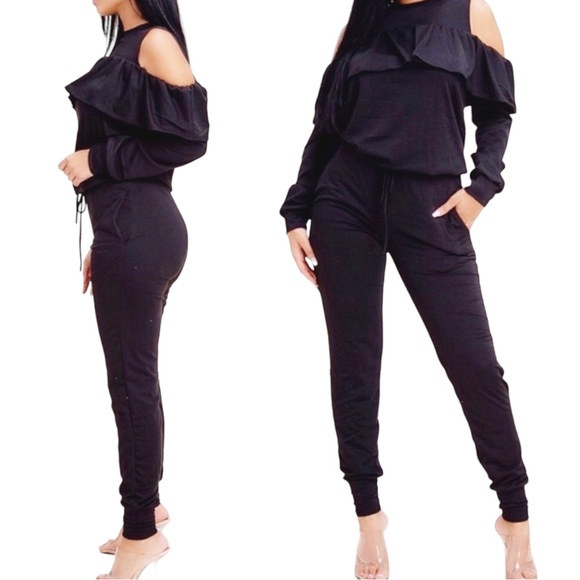 Ruffle Detail Cold Shoulder Peek A Boo Jogger Set Black NWT - Picture 1 of 6